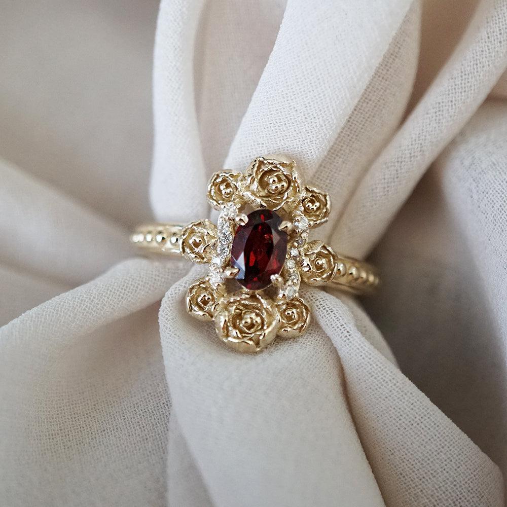 Peonies Oval Garnet Ring in 14K and 18K Gold - Tippy Taste Jewelry