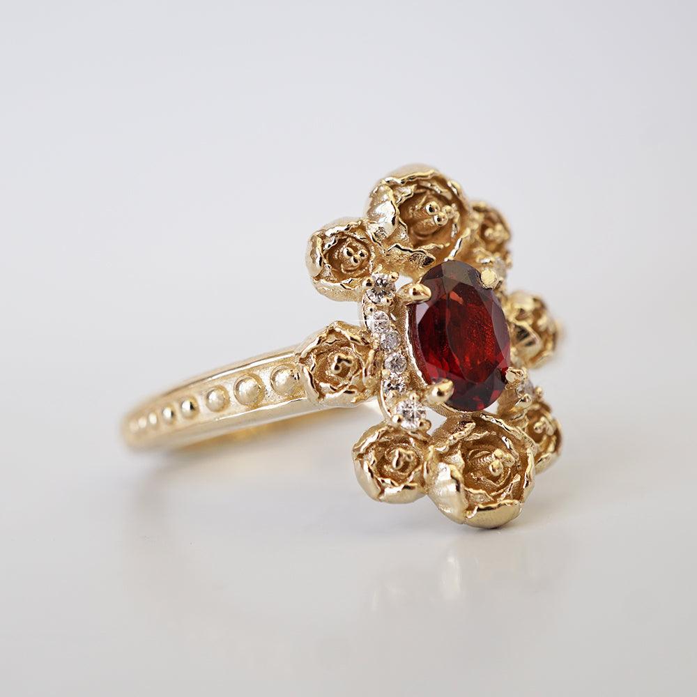 Peonies Oval Garnet Ring in 14K and 18K Gold - Tippy Taste Jewelry