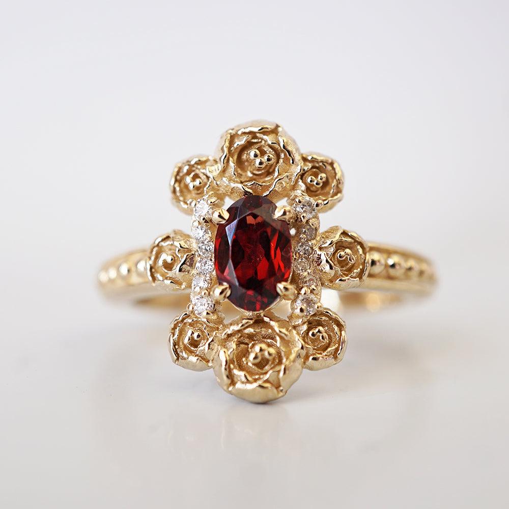 Peonies Oval Garnet Ring in 14K and 18K Gold - Tippy Taste Jewelry