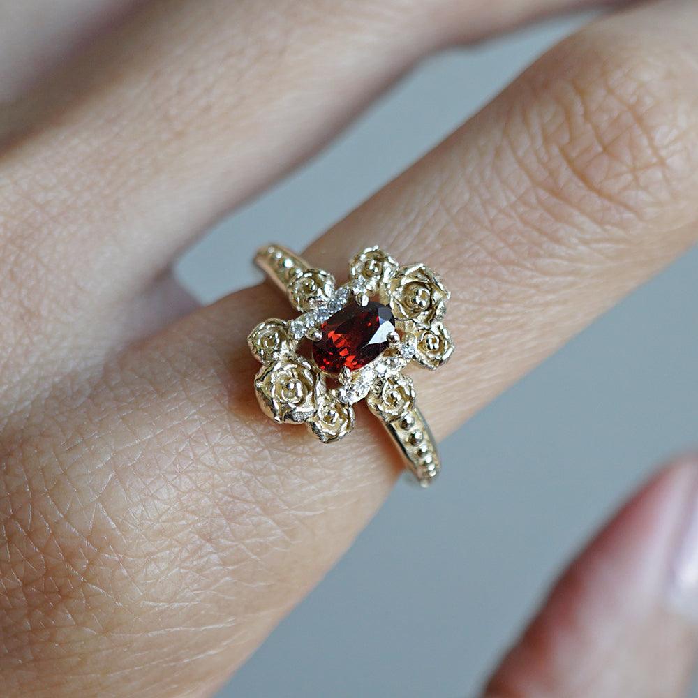 Peonies Oval Garnet Ring in 14K and 18K Gold - Tippy Taste Jewelry