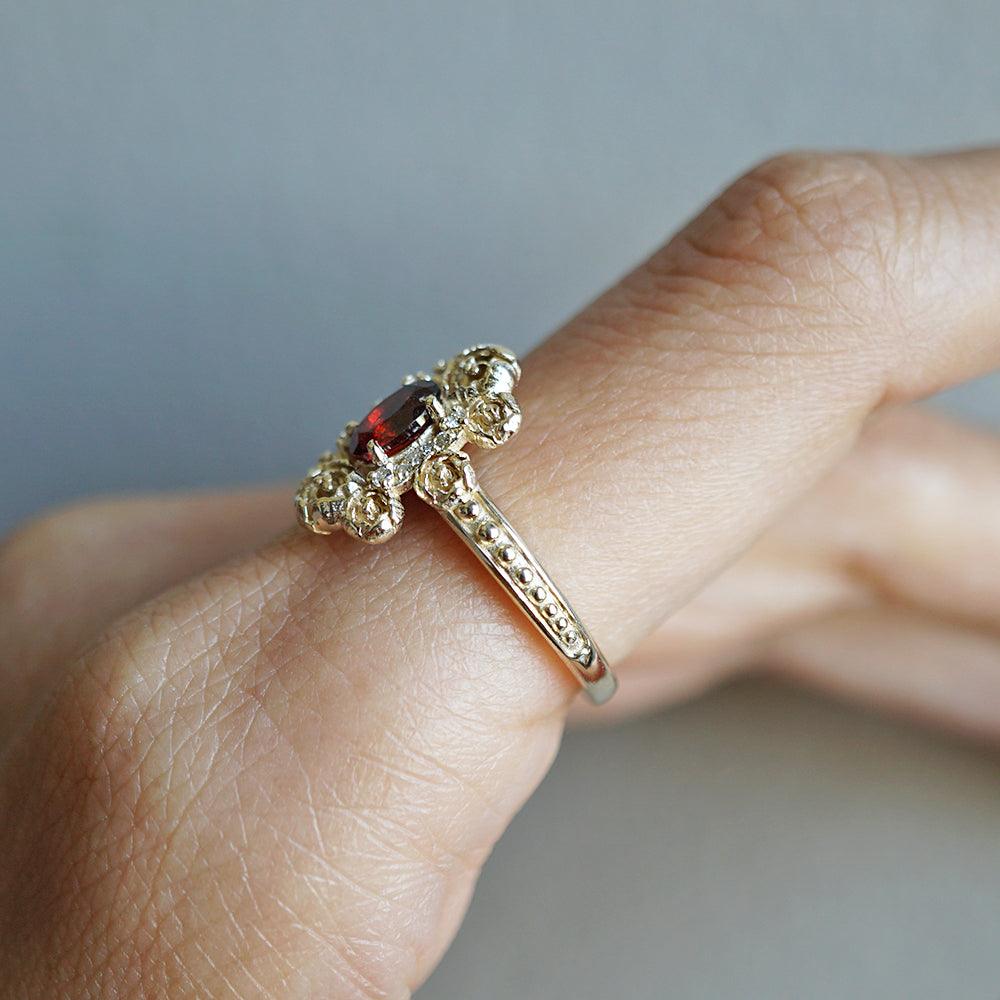 Peonies Oval Garnet Ring in 14K and 18K Gold - Tippy Taste Jewelry