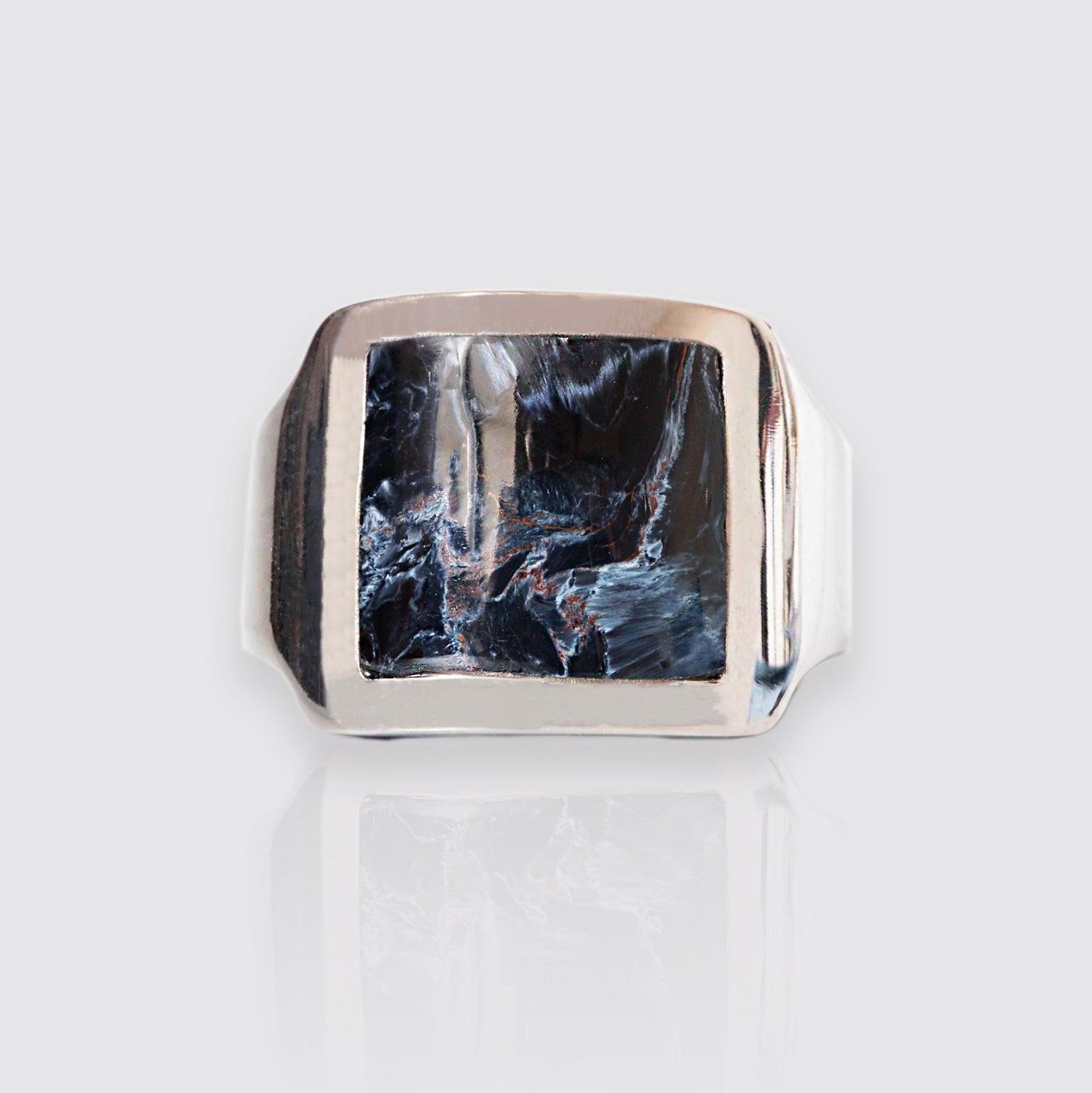 Pietersite Cigar Ring in Sterling Silver and 14K Gold, 16mm - Tippy Taste Jewelry