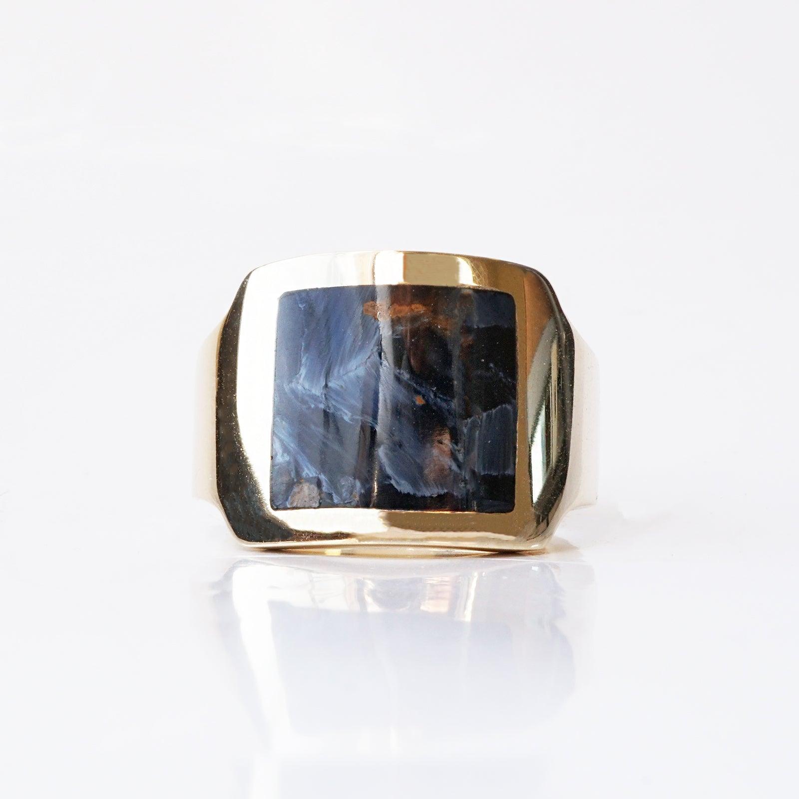 Pietersite Cigar Ring in Sterling Silver and 14K Gold, 16mm - Tippy Taste Jewelry