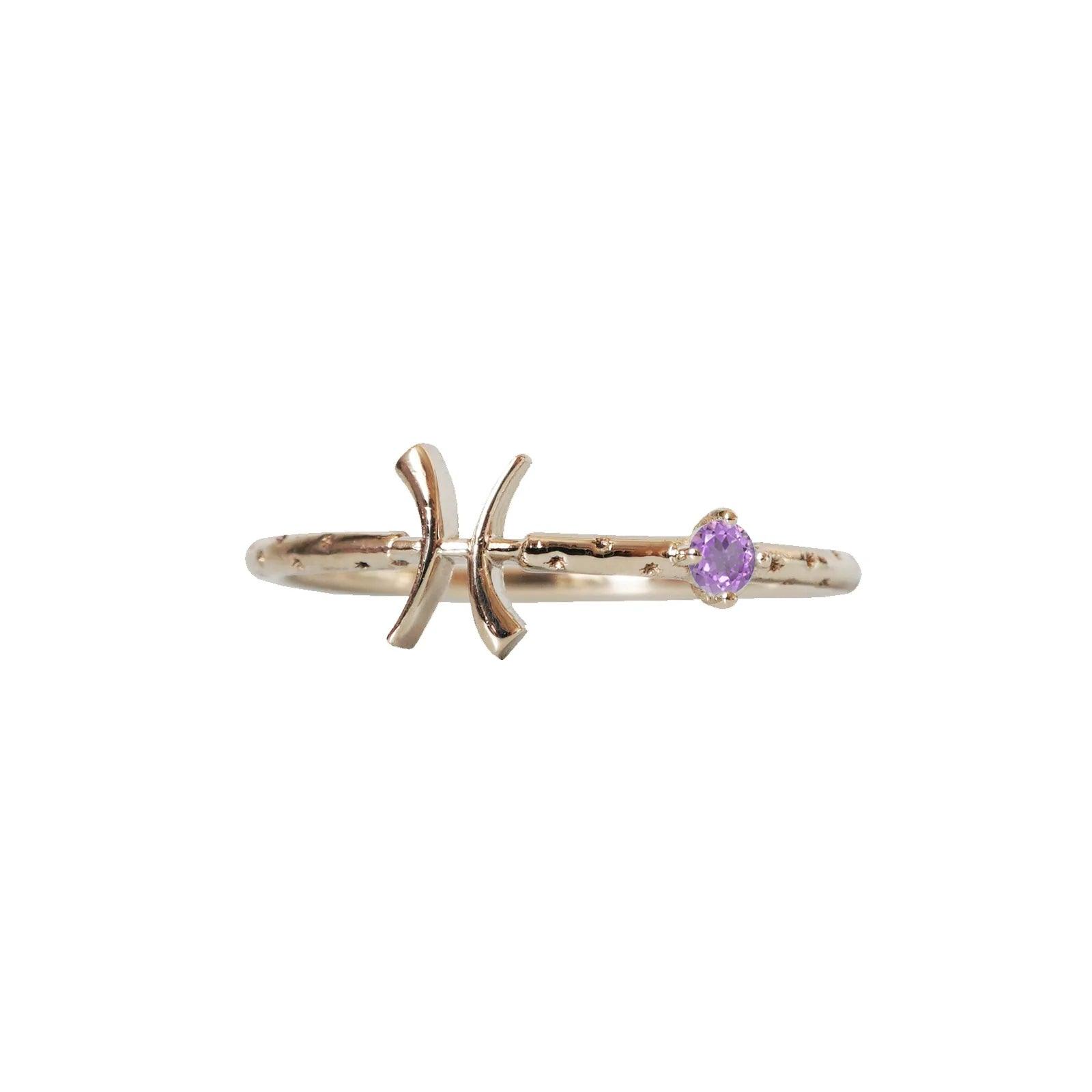 14K Pisces Horoscope Birthstone Ring (Aquamarine + Amethyst) - Tippy Taste Jewelry