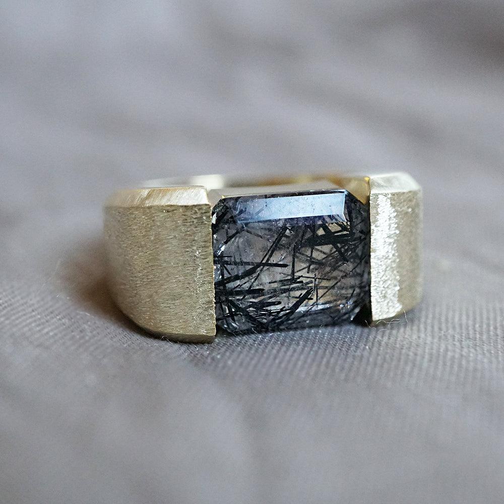 Black Rutilated Quartz Robo Ring in Sterling Silver, 13mm - Tippy Taste Jewelry