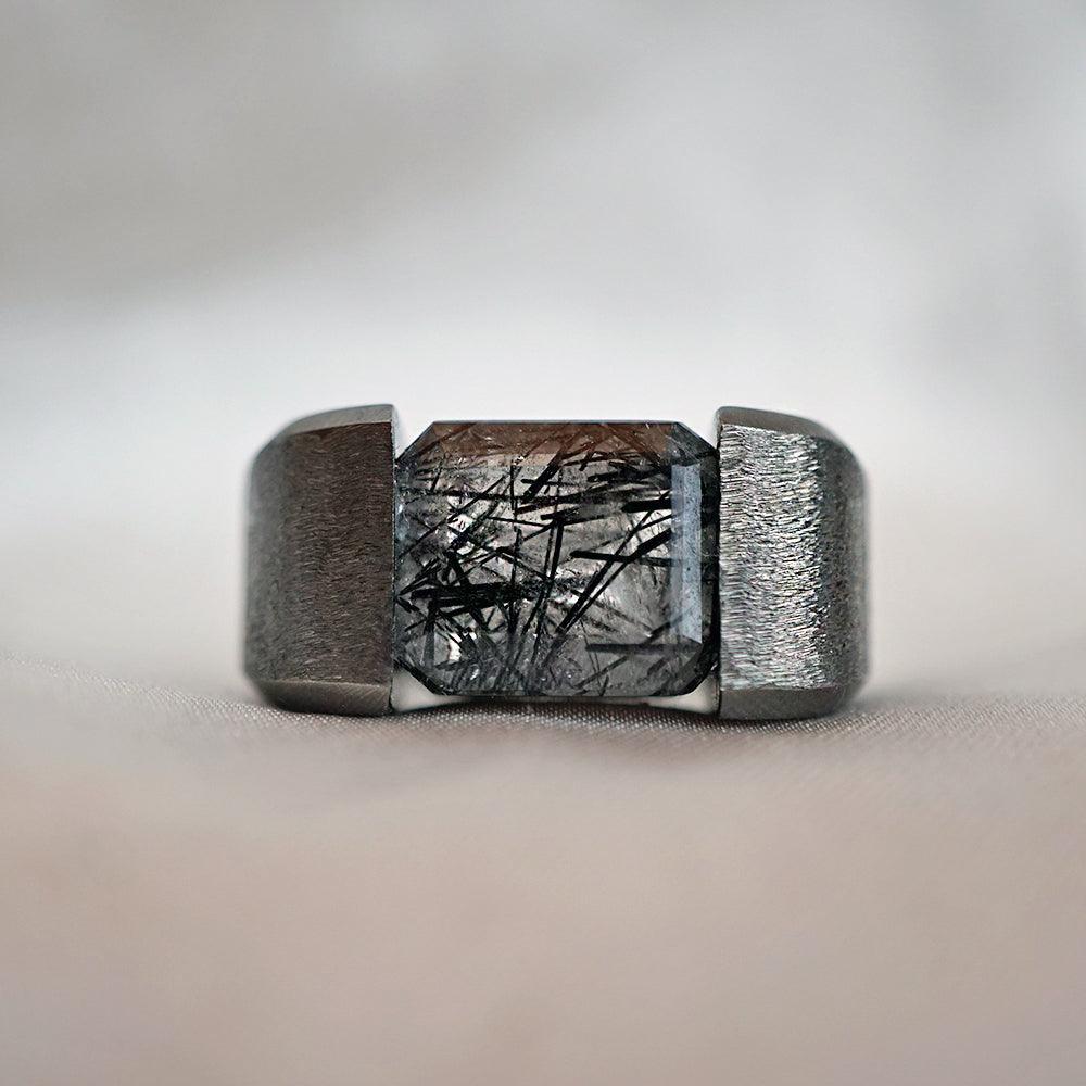 Black Rutilated Quartz Robo Ring in Sterling Silver, 13mm - Tippy Taste Jewelry