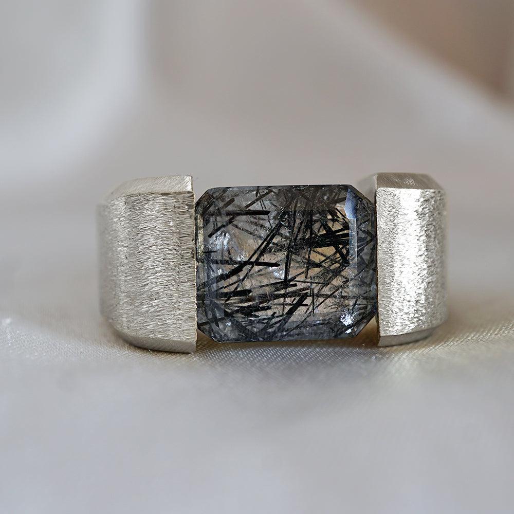 Black Rutilated Quartz Robo Ring in Sterling Silver, 13mm - Tippy Taste Jewelry