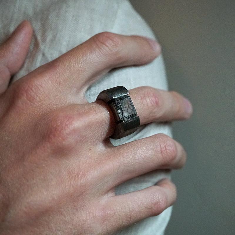 Black Rutilated Quartz Robo Ring in Sterling Silver, 13mm - Tippy Taste Jewelry