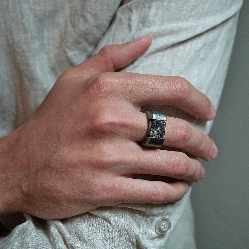 Black Rutilated Quartz Robo Ring in Sterling Silver, 13mm - Tippy Taste Jewelry