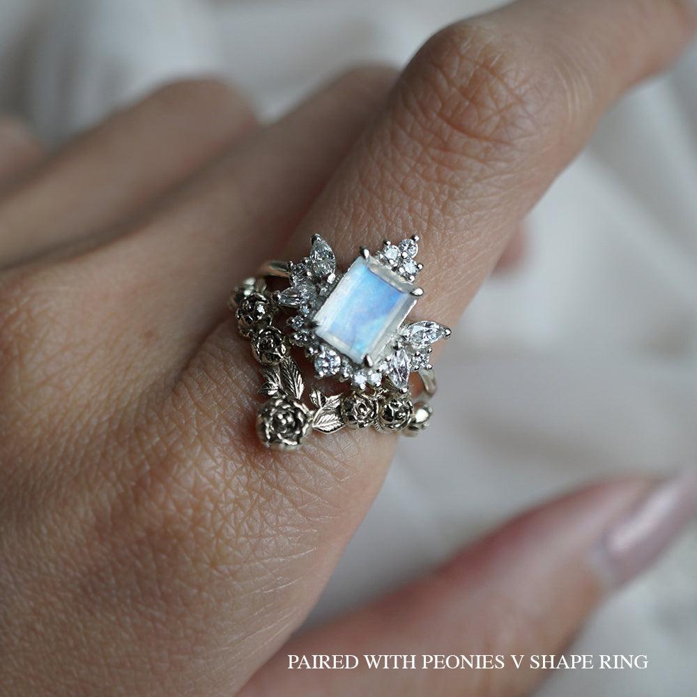 moonstone ring paired with peonies ring