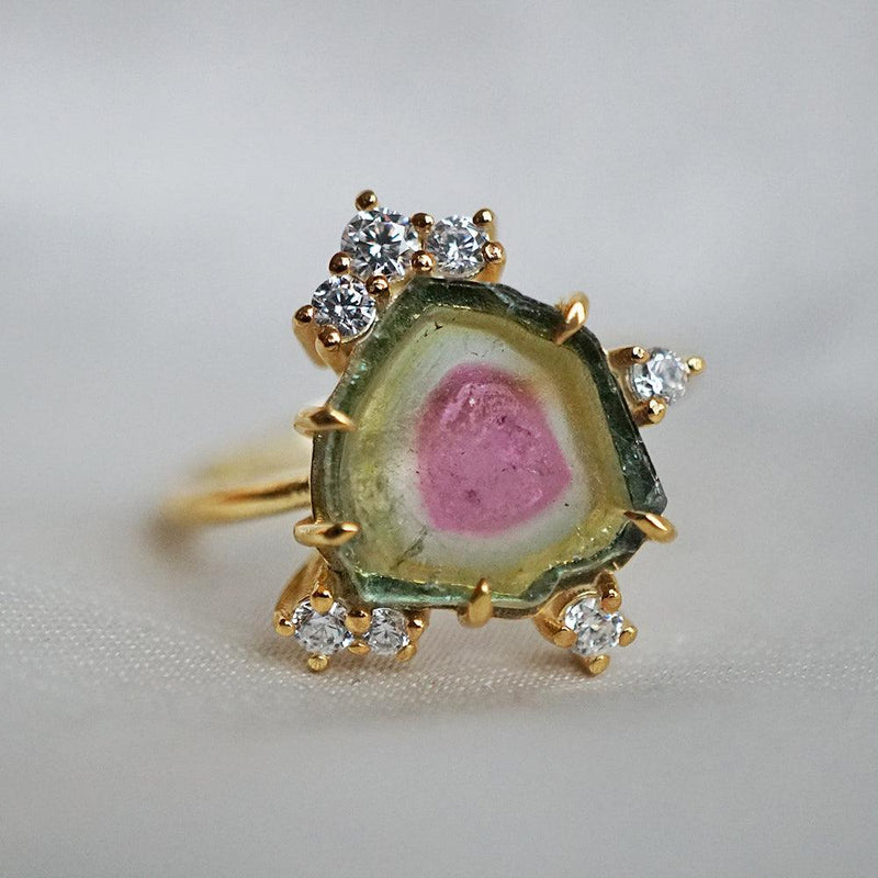 One of a Kind: Watermelon Tourmaline Slice Fleur Ring - Tippy Taste Jewelry