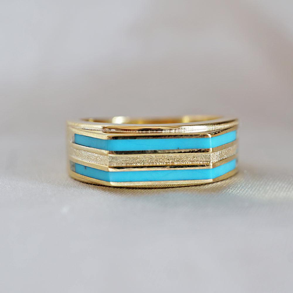 Turquoise Inlay Horizon Ring in Sterling Silver and 14K Gold, 5.8mm - Tippy Taste Jewelry