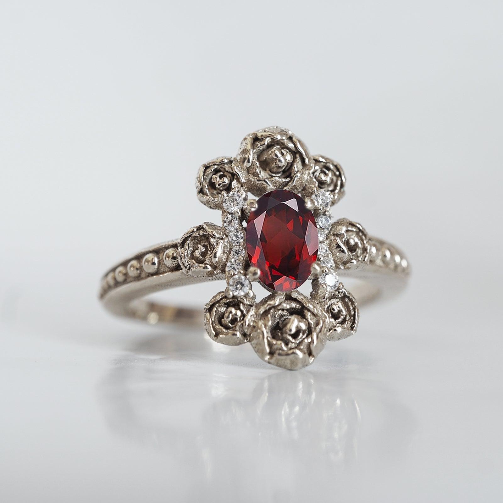 Peonies Oval Garnet Ring in 14K and 18K Gold - Tippy Taste Jewelry