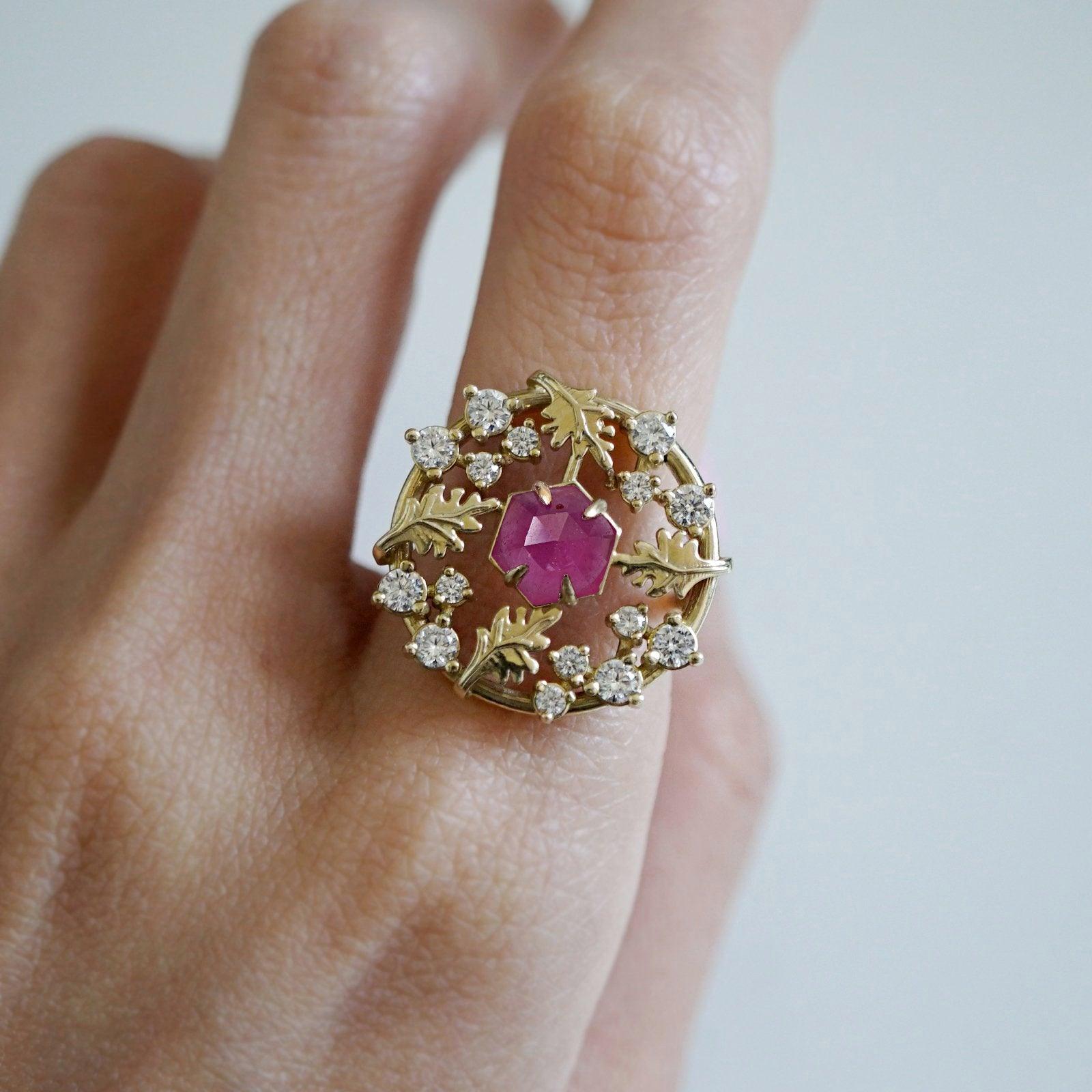 14K Wishing Well Ruby Diamond Ring - Close-up of Ruby and Diamond Detail